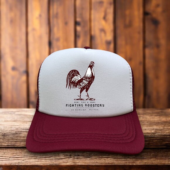 Fighting Roosters Mens Trucker Hat Maroon Snapback Odd Obscure Baseball Cap - Picture 1 of 4